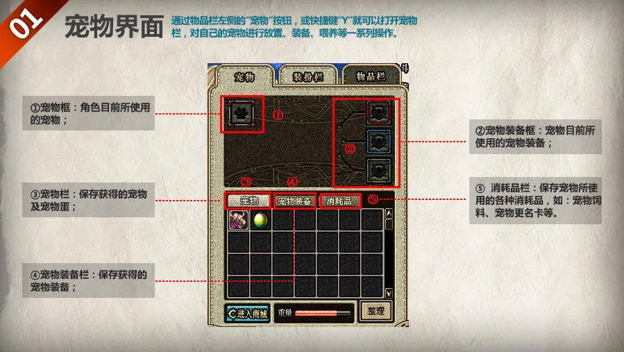 点击物品栏左侧的“宠物”或按“Y”键，可以打开宠物栏进行放置、装备和喂养等操作。